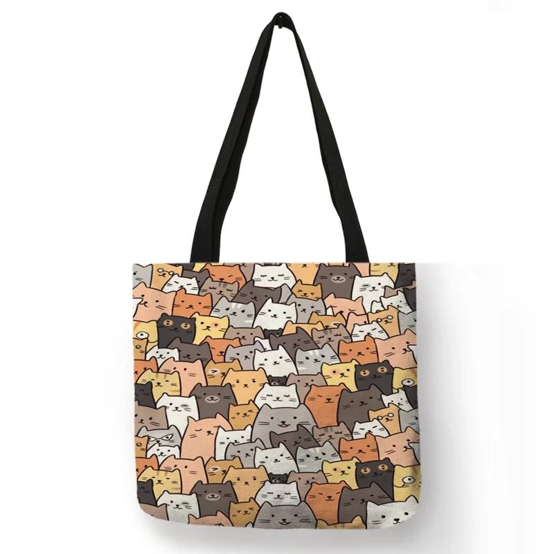Cute Cartoon Floral Cat Print Women Shopping Bag Linen Fabric Shoulder Bag Eco Storage Handbag Reusable Foldable Grocery Totes