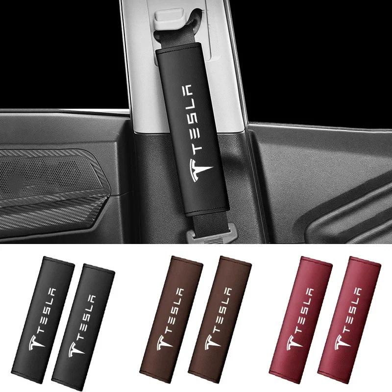 Car Sticker 2025 Hot New 2pcs Leather Seat Belt Covers Car Accessories Car Shoulder Pad Seat Belt For Tesla Model 3 Model S X Mo