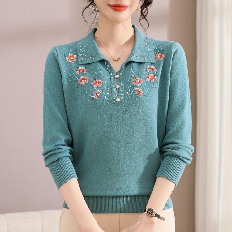 Middle-aged and Elderly Women's Spring Clothes 40 Years Old 50 T-shirt Knitted Sweater New Fashionable Mother's Early Spring Fashionable Top