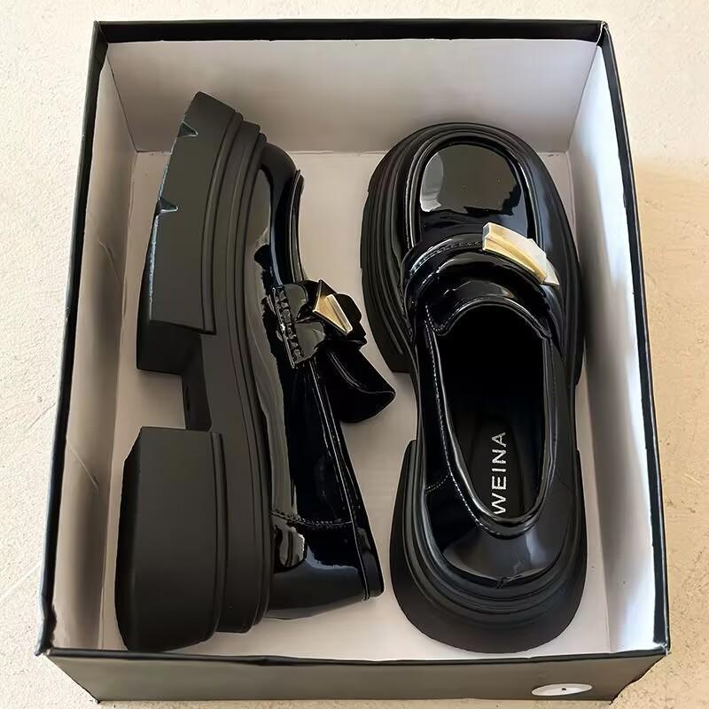 Retro Leather Shoes - New Style Women's Single Shoes with Thick Sole and Chunky Heel for Heightening The Feet.