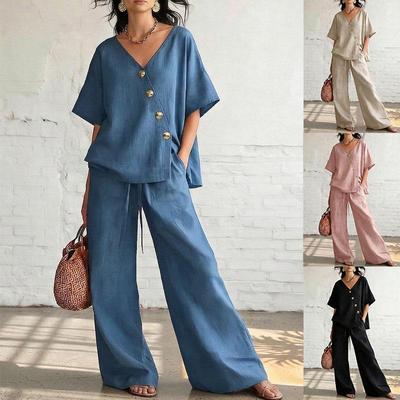 Casual Loose Pants Sets Women Summer Fashion Short Sleeve V-neck Tops And Wide Leg Pant 2 Piece Set Woman Outfits
