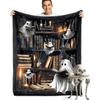 Vintage Library Ghost Pattern Flannel Throw Blanket Soft Fleece Bed Sofa Cover, Cozy Gothic Reading Theme Decorative Quilt for Halloween Gift