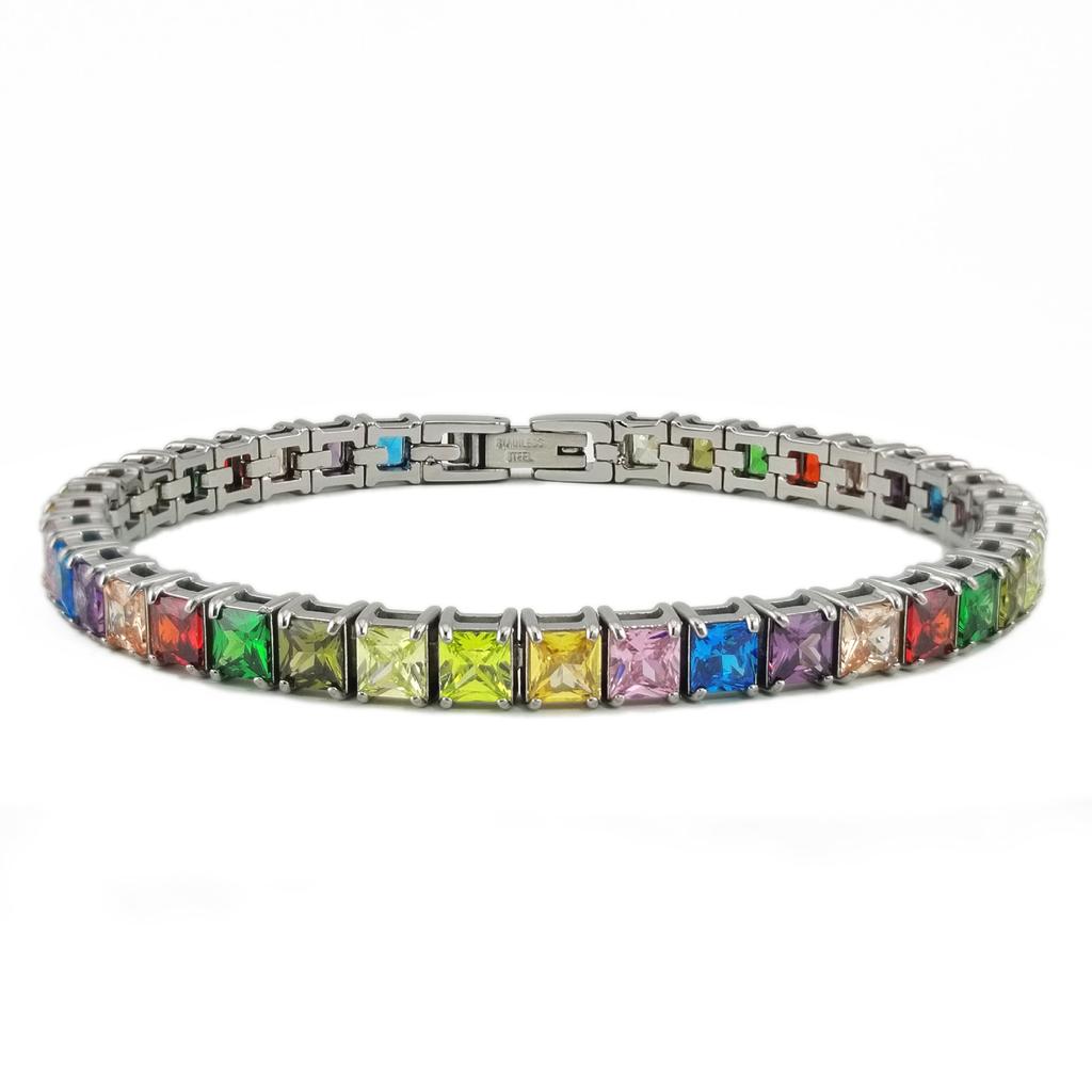 316L Stainless Steel Square Colorful CZ Tennis Bracelet Anti Tarnish Waterproof Rainbow Jewelry for Women