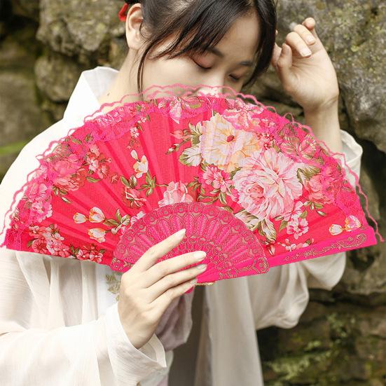 Éventail pliant Vintage en dentelle, motif de fleur de pivoine, éventail de danse chinoise portatif, main d'été pour la photographie et les événements de danse