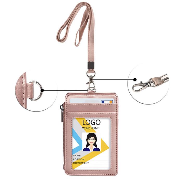 Vertical Leather Card Holder Wallet Multi-Pocket Neck Lanyard ID Badge Holder with Zip Pocket Card Slots for Work School Cruise Hotel