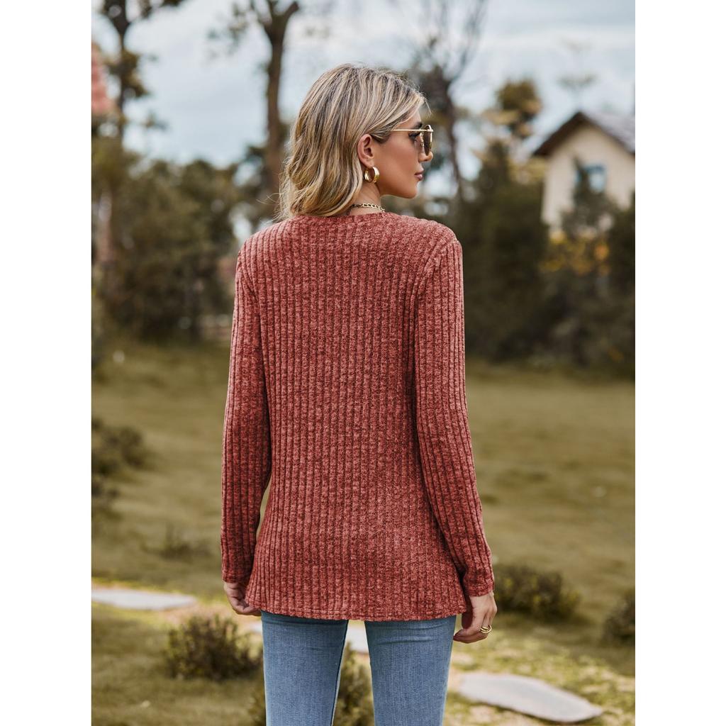 GMXIA Autumn Women's Round Neck Frosted Pit Strip Solid Color Top Long Sleeve T-shirt