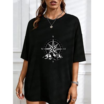 Damen Kurzarm T-Shirt Weiß Kompass- und Bergdruck Lässig Outdoor-Bekleidung