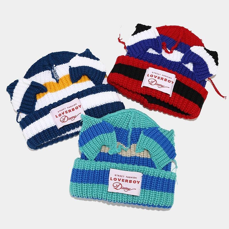 Niche Cute Pig Ears Splicing Knitted Hat Men's and Women's Trend Contrasting Color Sticker Wool Thermal Hat