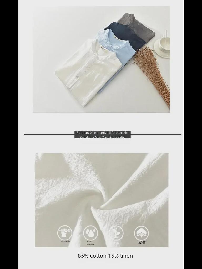 Pánská ležérní bílá košile s krátkým rukávem ze lnu a bavlny se stojáčkem