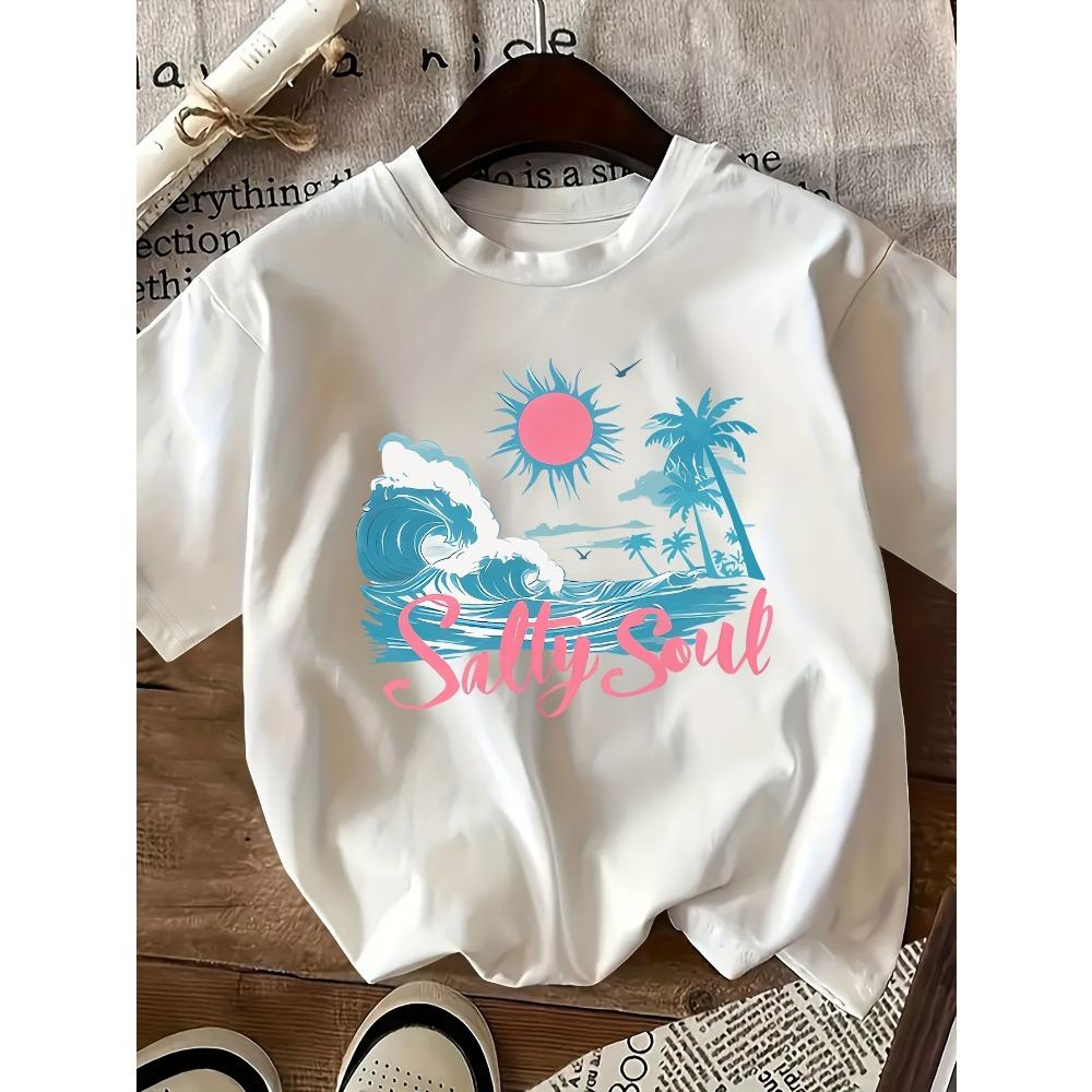 Summer Vacation Style Graphic Printed Short-sleeved T-shirt, Round Neck Casual Top,