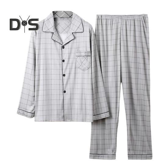 2Pcs/Set Men Pajamas Set Plaid Print Lapel Long Sleeve Single Breasted Shirt Elastic Waist Long Pants Set Loose Fit Loungewear Suit