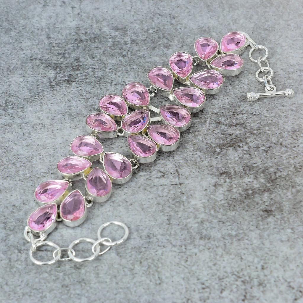 Pink Kunzite Gemstone Handmade 925 Sterling Silver Bracelet 7-8" M-303