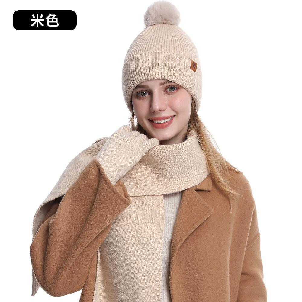 Knitted hat, women's winter double-layer velvet warm riding ear protection wool knitted hat scarf gloves three-piece set