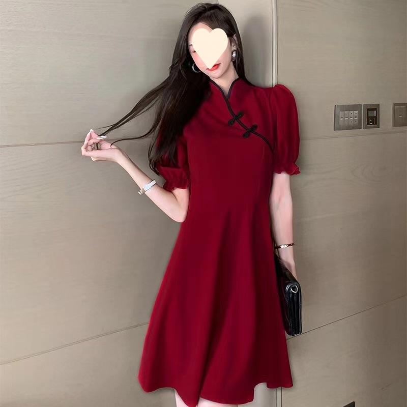 Improved version of cheongsam black dress women s medium and long waist thin a-word skirt bubble sleeves high waist temperament skirt M