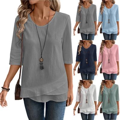 Hauts pour femmes Manches 3/4 Blouses Habillées Décontractées Blouses Pour Femmes Tendance Col Rond Hauts Décontractés Uni