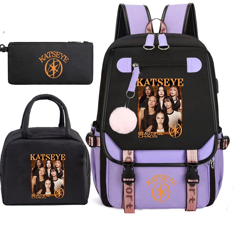 Katseye Gruppo di Ragazze K-pop Stampa Fotografica Set da 3 Pezzi Zaino per Studenti Combo 60707 Borsa Scolastica alla Moda Kit Cancelleria