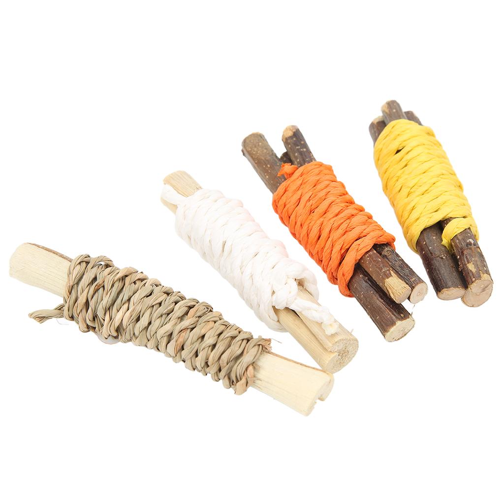 4pcs Hamster Teething Bars Edible Apple Sticks Sweet Bamboo Hamster Chew Toy with Rope