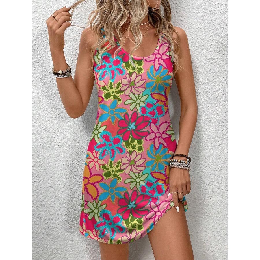 Summer Casual Colorful Floral Print Crew Neck Sleeveless Shift Dress For Women Y2k Ladies Clothes Oversized Female Clothing Tees