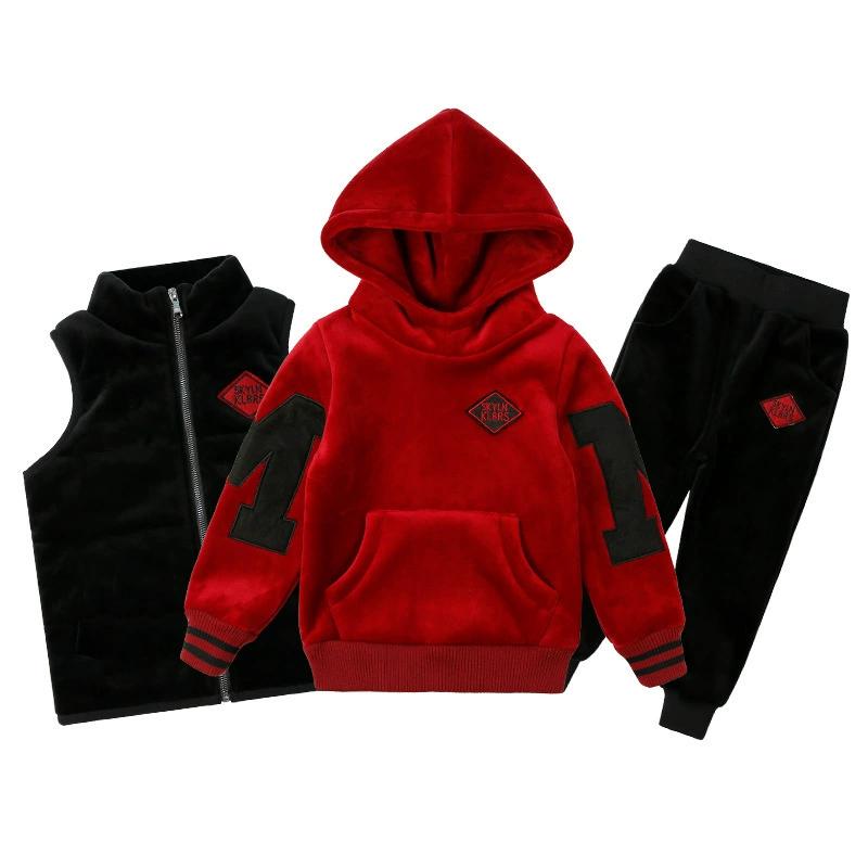 Autumn Winter Boys Tracksuit Teenager Clothes Velvet Zipper Vest Jacket + Hooded + Pant Children Set Kids 8 9 10 11 12 Year