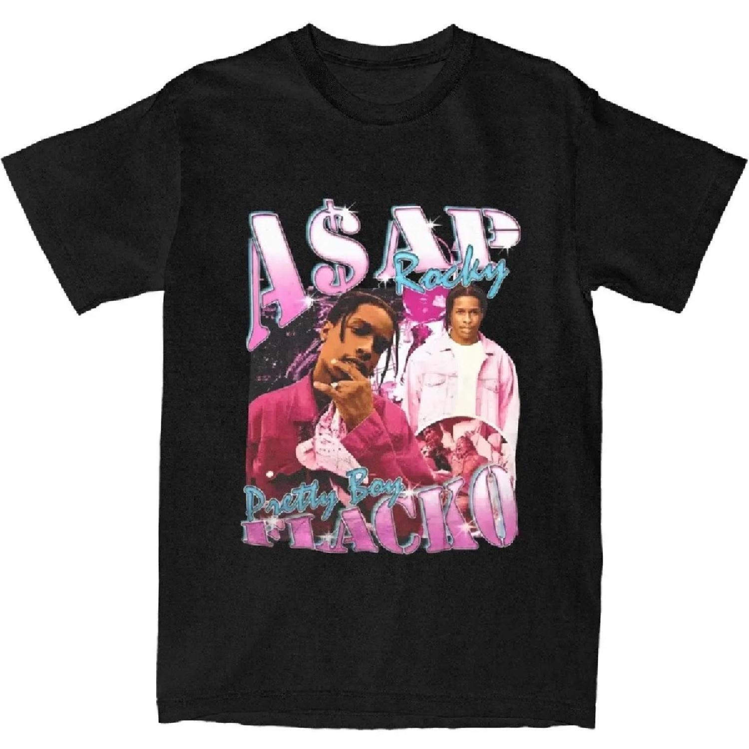 

Мужские розовые футболки с принтом Asaps-Rockyed, футболка из хлопка с принтом американского рэпера, летняя базовая футболка Y2K с коротким рукавом, футболка с круглым вырезом, больших размеров S чёрный