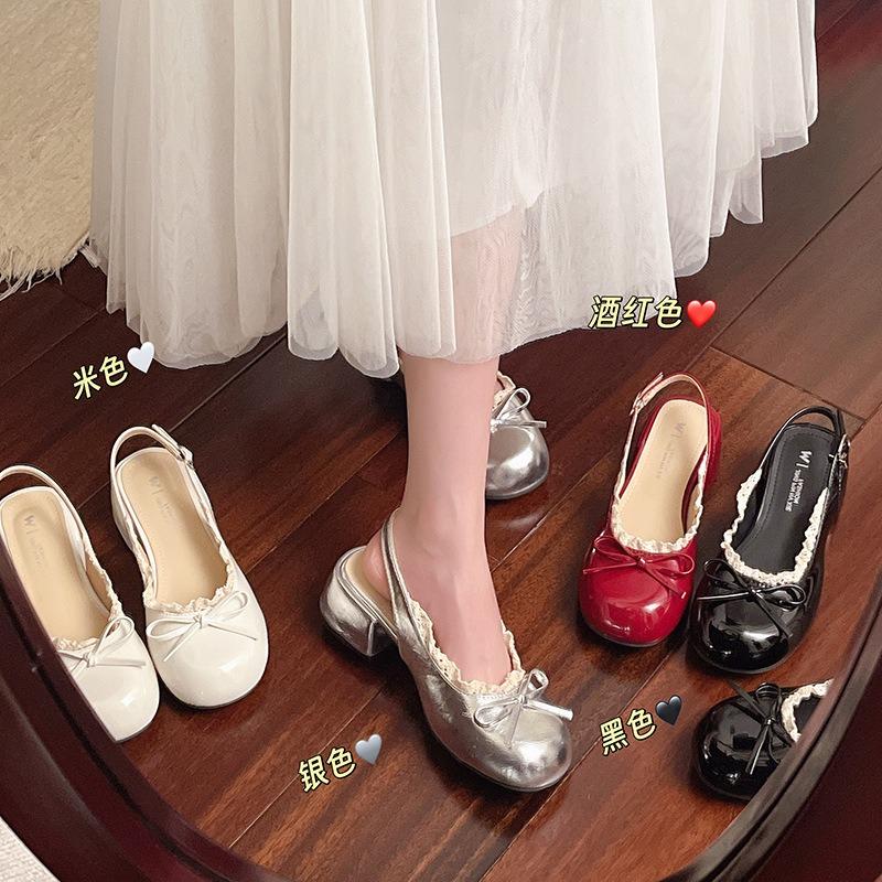 Niche design bow with lace thick heel cool slippers women's summer new one-word sandals