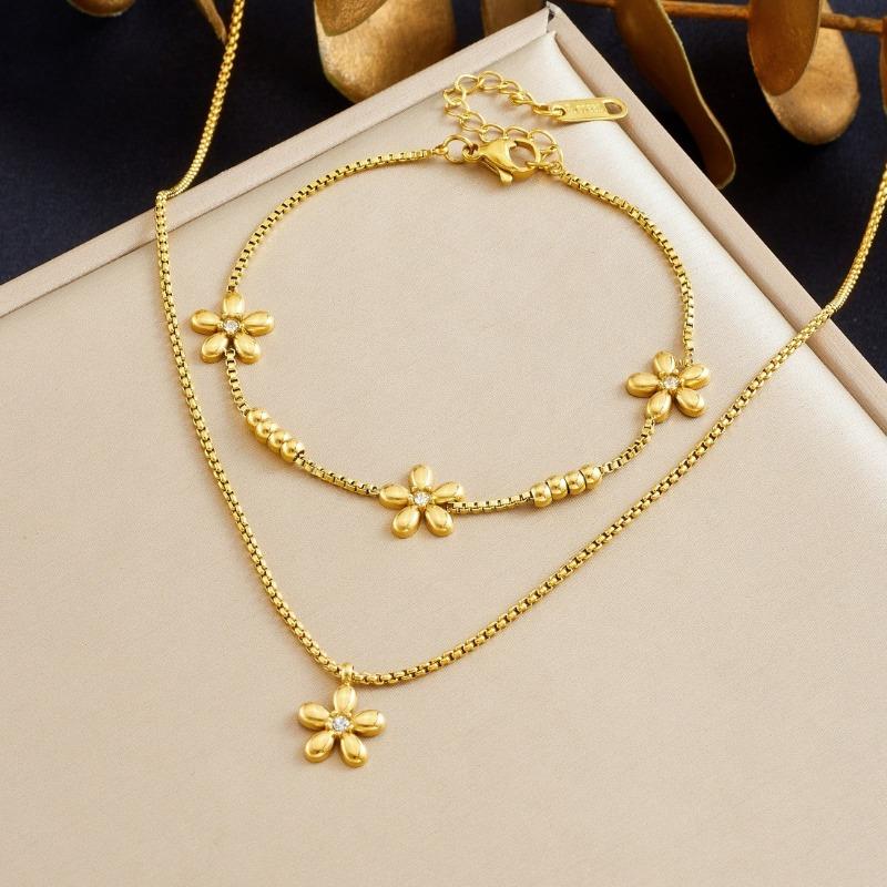 Gold Flower Jewelry Set with Crystal Center Necklace and Bracelet for Women