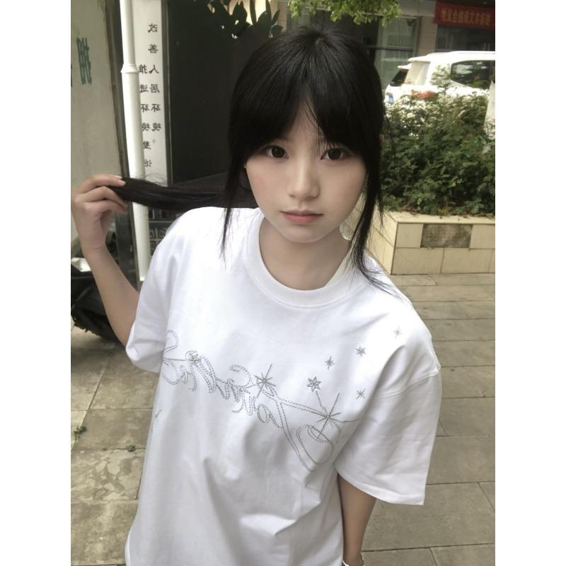 Y2K Aesthetic Oversized T-Shirt for Women Star Print Irregular Line Graphic Tees Casual Loose Short Sleeve Top