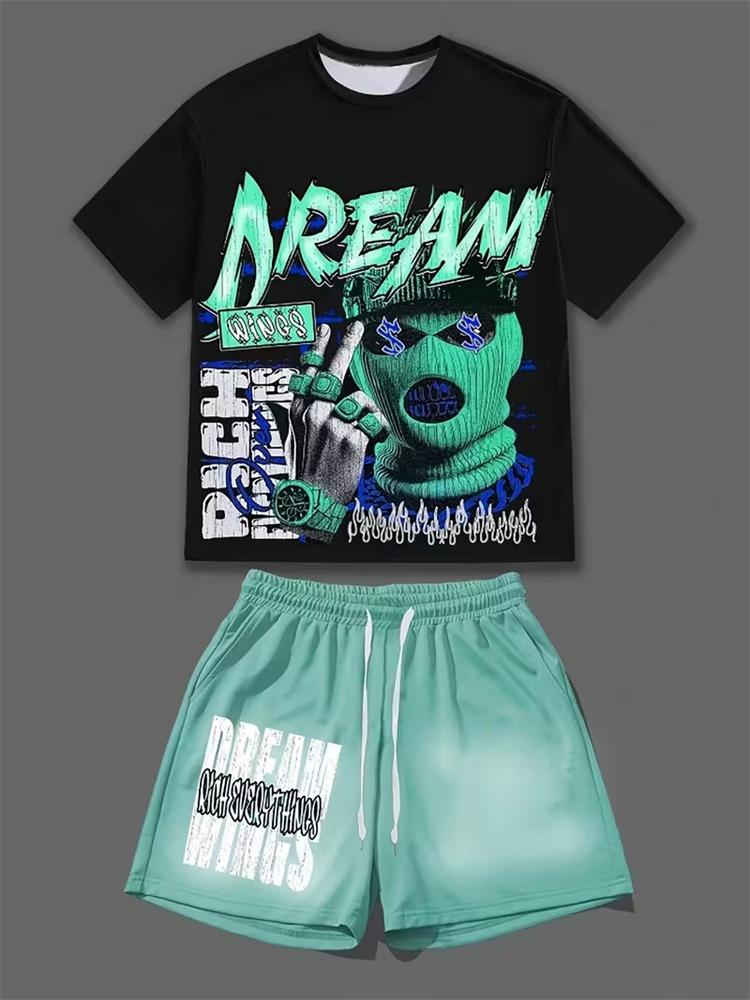 

Summer Men s Round-neck Top And Shorts American Trend 3D Printed Skull , Hip-hop Style Trendy And Cool 2pcs Set 6XL