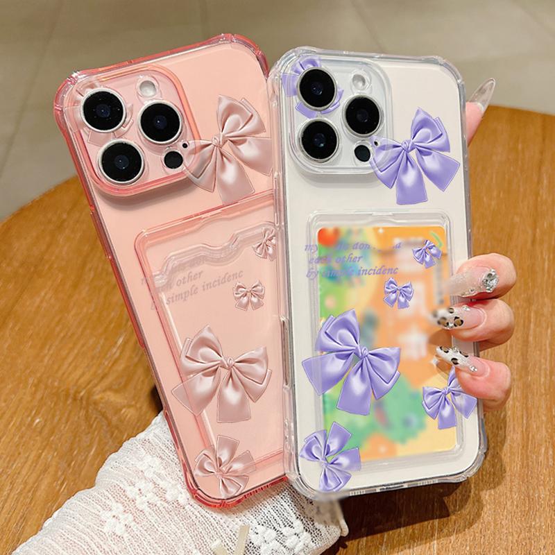 Solid Color Bowknot Print Transparent Card Slot Phone Case For iPhone 16 15 Pro 14 Pro Max 13 12 11 Clear Shockproof Slim Soft Silicone Bumper Cover