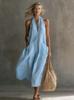 2026 Spring Women Halter V-Neck Midi Dress Loose Casual Solid Color Vacation Dress With Pockets