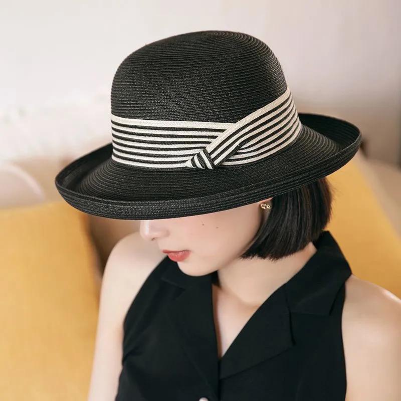WTEMPO Elegant Casual Foldable Summer Straw Hats Women's Striped Wide Brim Solid Color Outdoor Sunscreen Hats
