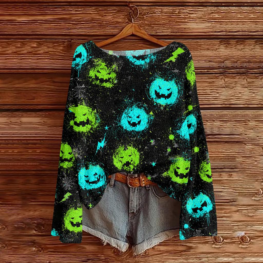 Women's Casual Long Sleeve Halloween Print Knit Pullover Top with Round Neck