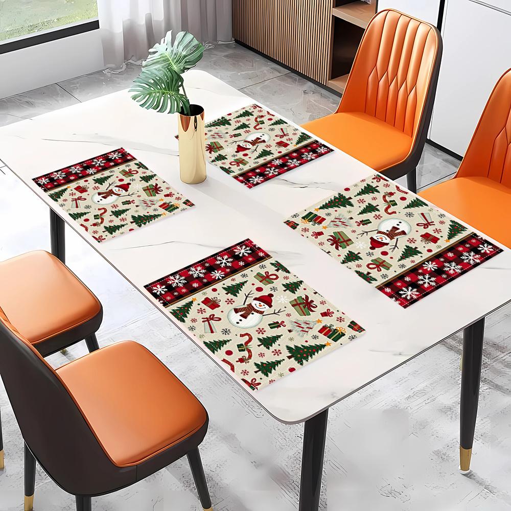 4pcs/6pcs Christmas Decorative Linen Placemats with Snowman, Gift & Tree 2D Flat Print. Whimsical Combo of Snowmen, Presents and Trees for Coffee or