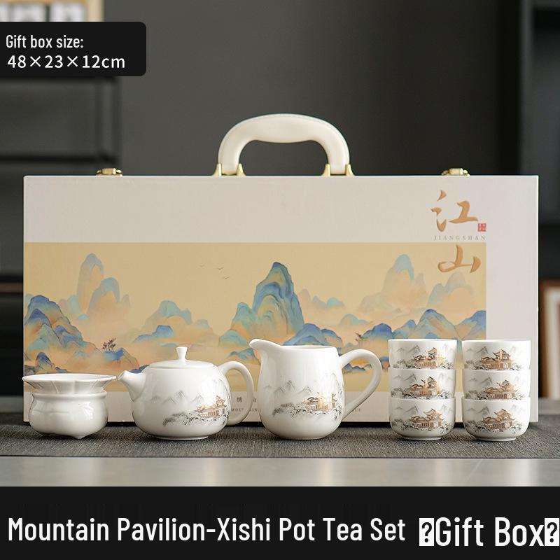 Mutton Fat Jade Kung Fu Tea Set with White Porcelain Teacups - 2025 Gift Box for Elders Souvenir
