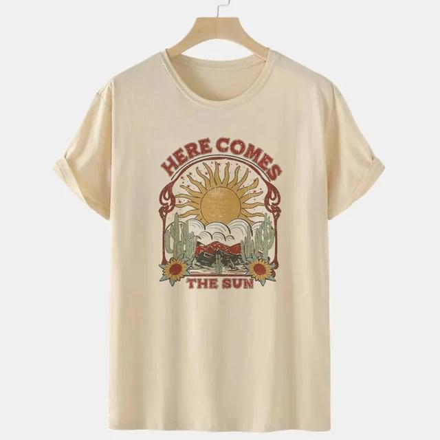 Summer Women Oversized Hippie Boho T Shirt Here Comes The Sun Graphic Tees Cotton Retro Tops Vintage Aesthetic Clothes Grunge