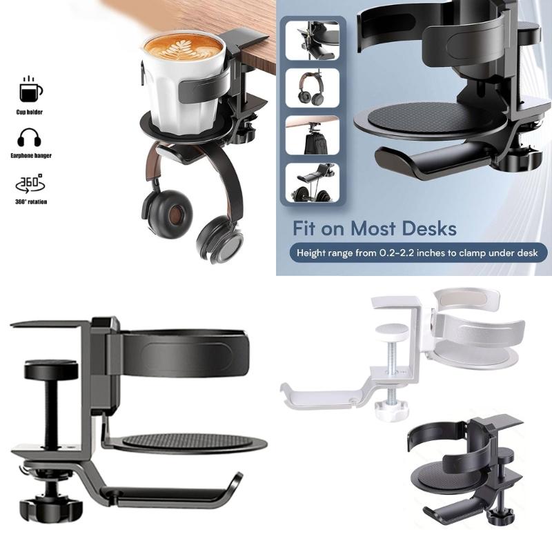 Solid Desk Headphone Mount 360Degree Swivels Headsets Hanger with Cup Holder Solid Aluminum Alloy Constructions