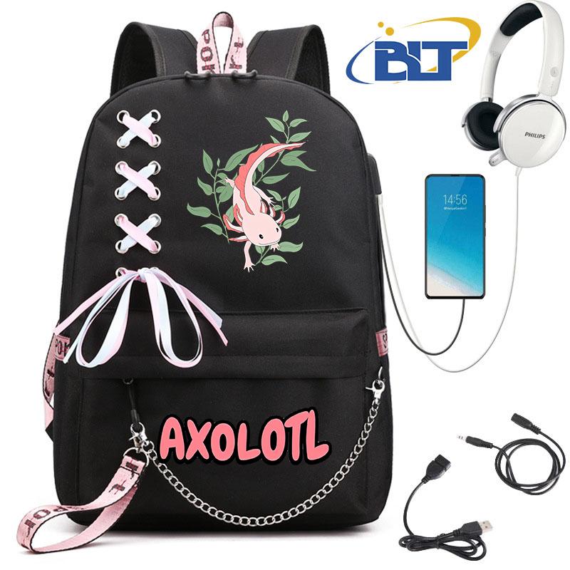 Cute Axolotl Printed Student Schoolbag for Girls Black Backpack Usb Kids Casual Bag Back To School Gift