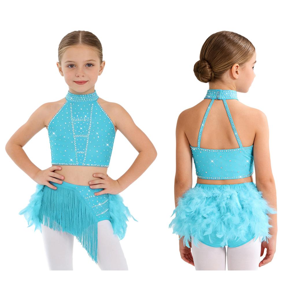 Trblietavý tanečný kostým s perami a strapcami pre deti, dievčatá: Crop top s halter krkom a prekríženým chrbtom a elastickou sukňou pre javiskové vystúpenie