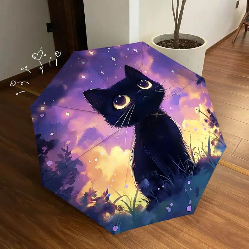1pc Black Cat Themed Design Umbrella 8 Rib Frame, One-touch Automatic Opening 3 Fold Umbrella, Fashion Gift-p0803053