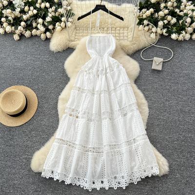 French Pure Desire Neck Sling Backless Dress Women's Summer Hollow Crochet Waist Temperament Long Holiday Skirt