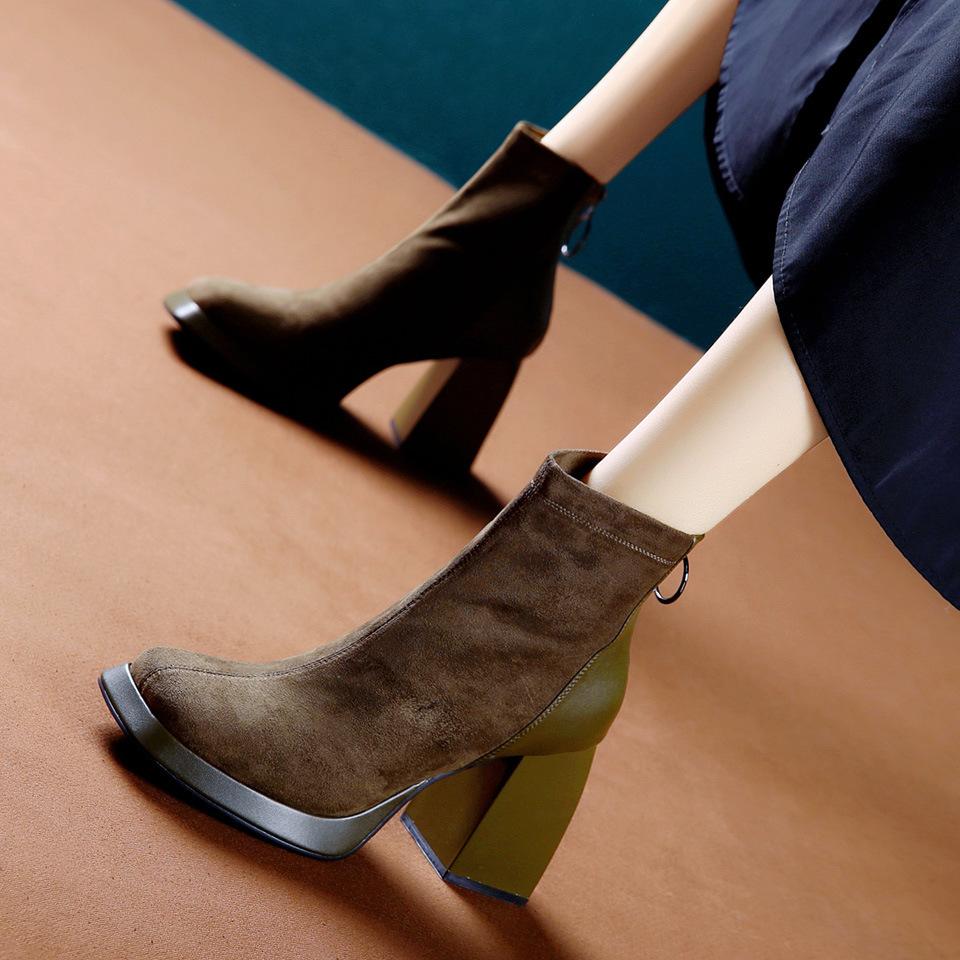 Temperament square head high heels Martin boots women's autumn and winter British wind waterproof table not tired feet thick heel short boots