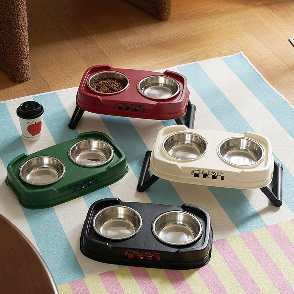 Plastic/Stainless Steel Double Cat Bowl Non-Slip Cat Feeding Bowl  for Puppy Kitten
