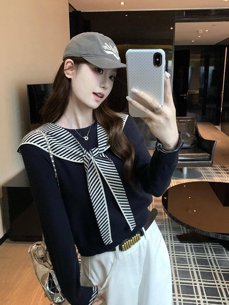 Autumn Korean Color-Block Striped Shawl & T-Shirt Women's College Style Top