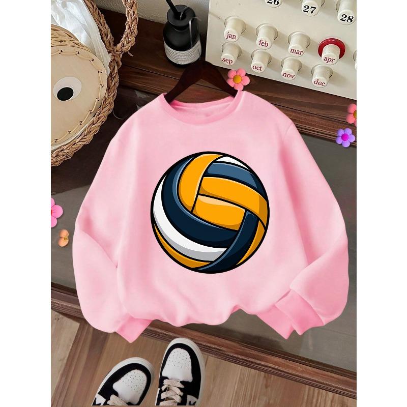 Kids Crewneck Sweatshirt, Volleyball Print, Casual Tops for Fall & Winter