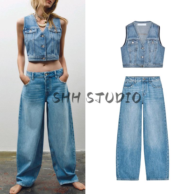 Women's Spring Clothing Balloon Style High Waist Jeans 3777025 V Neck Sleeveless Denim Vest 3777024