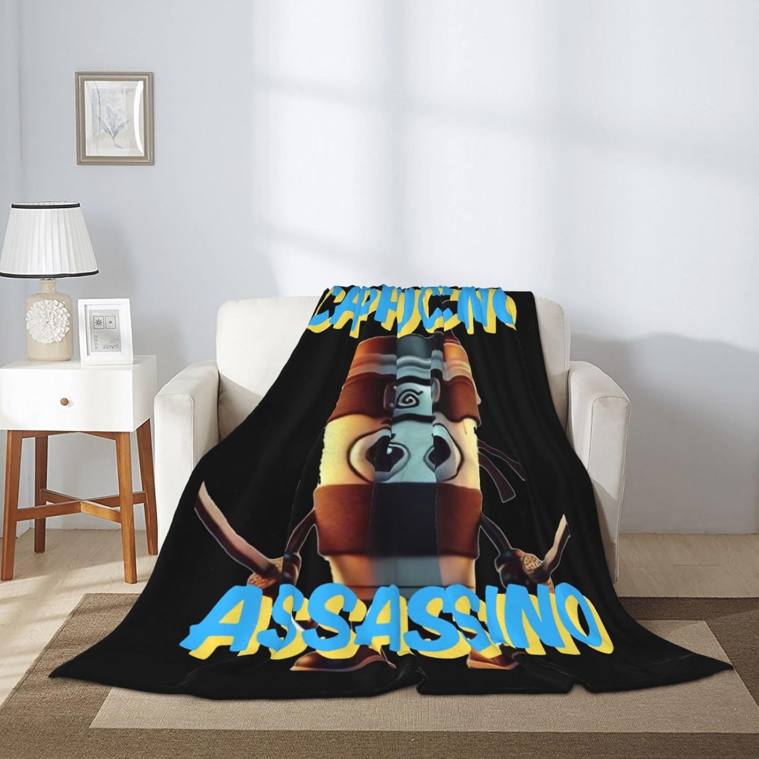 Ultra-Soft Microfiber Plush Blanket Cappuccino Assassino Coffee Lovers All Seasons Warm Cozy Flannel Sherpa Blankets for Outdoor Size: 75*100cm, Weight: 230 GSM