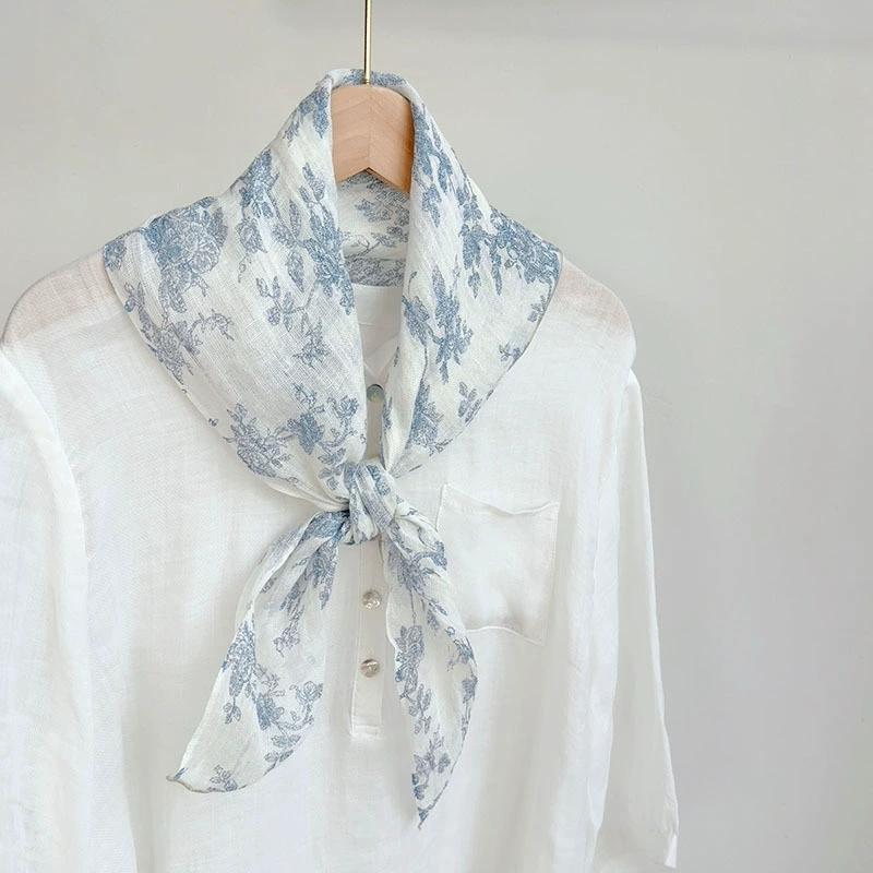 

Spring And Summer 100% Linen Floral Thin Neck Scarves Square Scarf Neckerchief 70*70cm Office Hijab Headband Female Foulard
