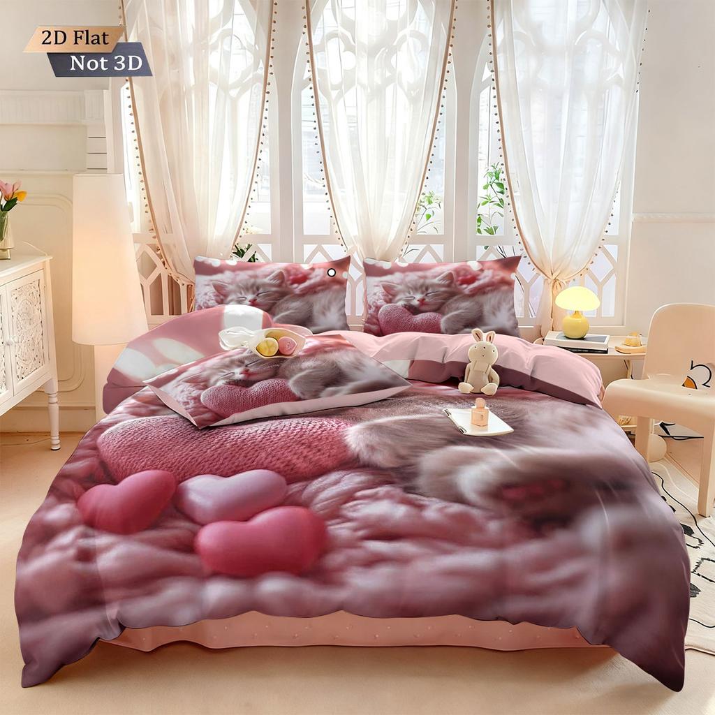 3pcs Valentine's Day theme cute cat print coreless down duvet cover set multi size bedroom bedding holiday decoration