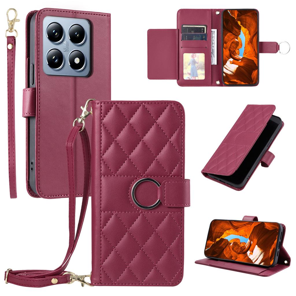 Pro Xiaomi 14T Kožené pouzdro crossbody Prstenová přezka Peněženka Stojánek Kosočtvercové pouzdro na mobil