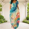 Women Plus Size Round Neck Short Sleeve Black Gold Swirl Printed Loose Dress With Side Pockets